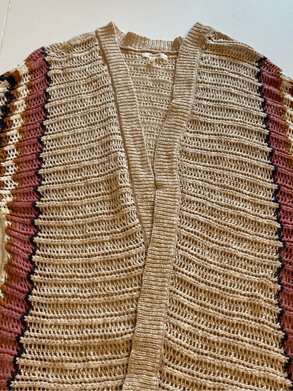 Maurices Beige Open-Knit Cardigan with Rust and Black Sleeve Stripes size M